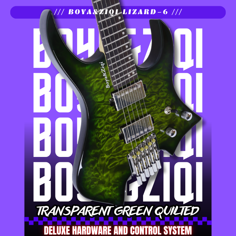 Boya&Ziqi Headless Electric Guitar LIZARD-6,FANNED FRETS, Independently Adjustable Bridge,Split coil control,5-Piece Maple/Streaked Ebony Neck