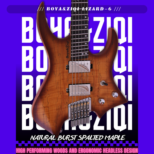 Boya&Ziqi Headless Electric Guitar LIZARD-6,FANNED FRETS, Independently Adjustable Bridge,Split coil control,5-Piece Maple/Streaked Ebony Neck