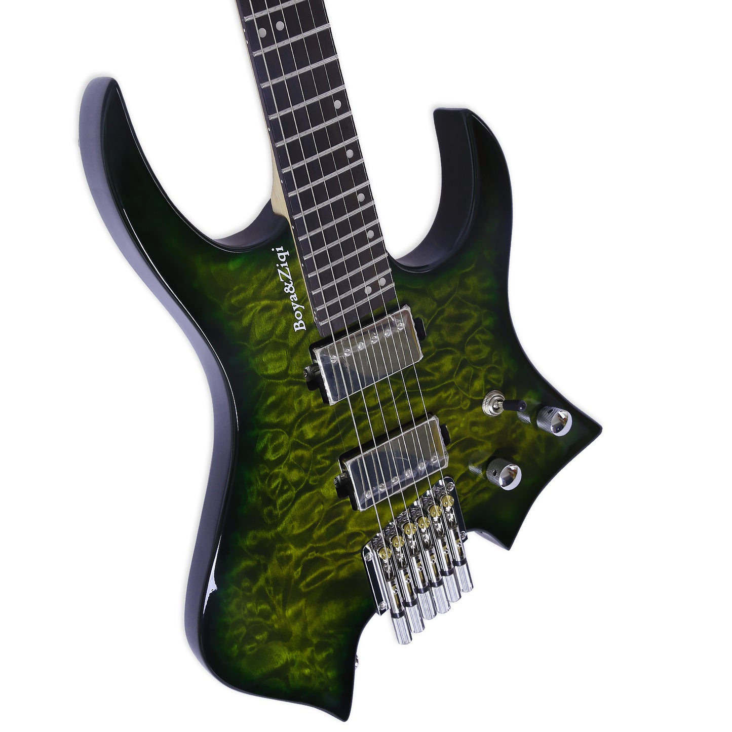Boya&Ziqi Headless Electric Guitar LIZARD-6,FANNED FRETS, Independently Adjustable Bridge,Split coil control,5-Piece Maple/Streaked Ebony Neck
