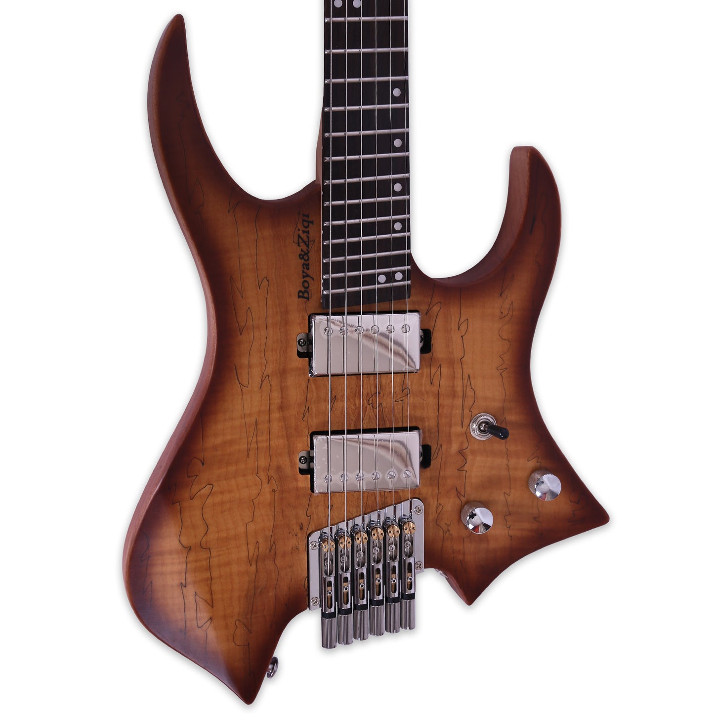 Boya&Ziqi Headless Electric Guitar LIZARD-6,FANNED FRETS, Independently Adjustable Bridge,Split coil control,5-Piece Maple/Streaked Ebony Neck