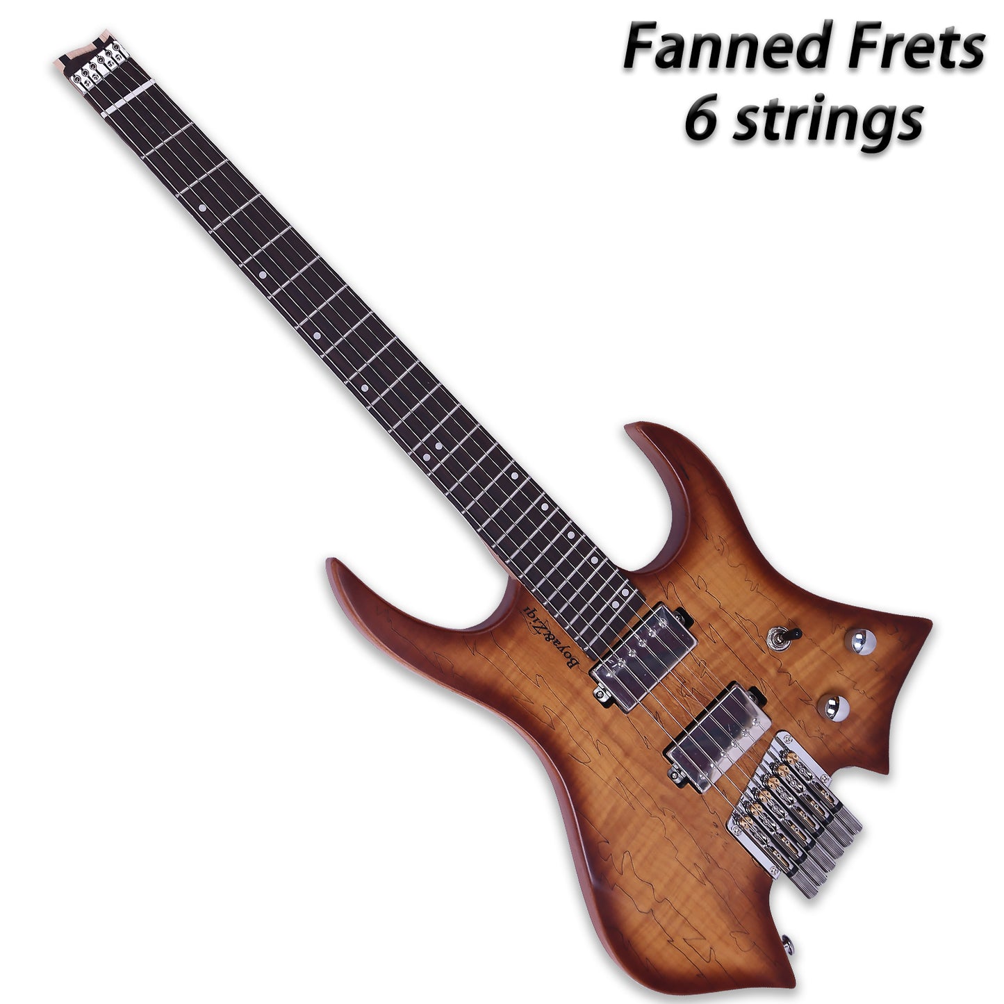 Boya&Ziqi Headless Electric Guitar LIZARD-6,FANNED FRETS, Independently Adjustable Bridge,Split coil control,5-Piece Maple/Streaked Ebony Neck