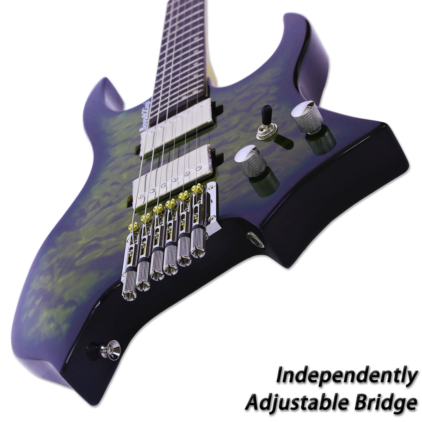 Boya&Ziqi Headless Electric Guitar LIZARD-6,FANNED FRETS, Independently Adjustable Bridge,Split coil control,5-Piece Maple/Streaked Ebony Neck