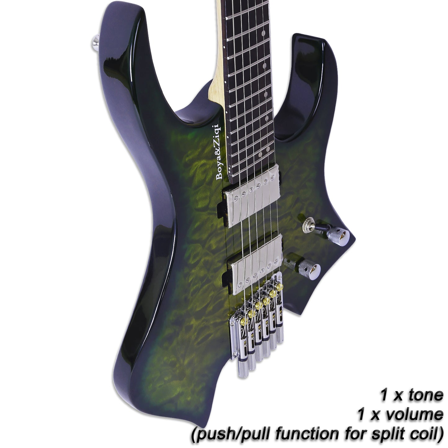 Boya&Ziqi Headless Electric Guitar LIZARD-6,FANNED FRETS, Independently Adjustable Bridge,Split coil control,5-Piece Maple/Streaked Ebony Neck