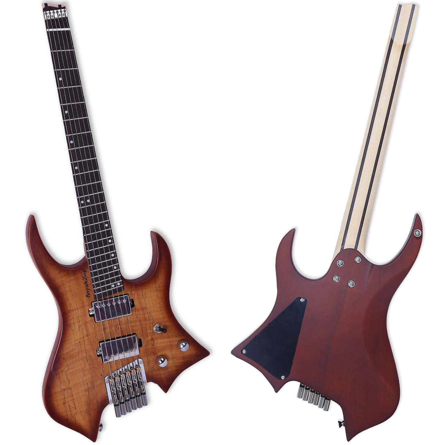 Boya&Ziqi Headless Electric Guitar LIZARD-6,FANNED FRETS, Independently Adjustable Bridge,Split coil control,5-Piece Maple/Streaked Ebony Neck