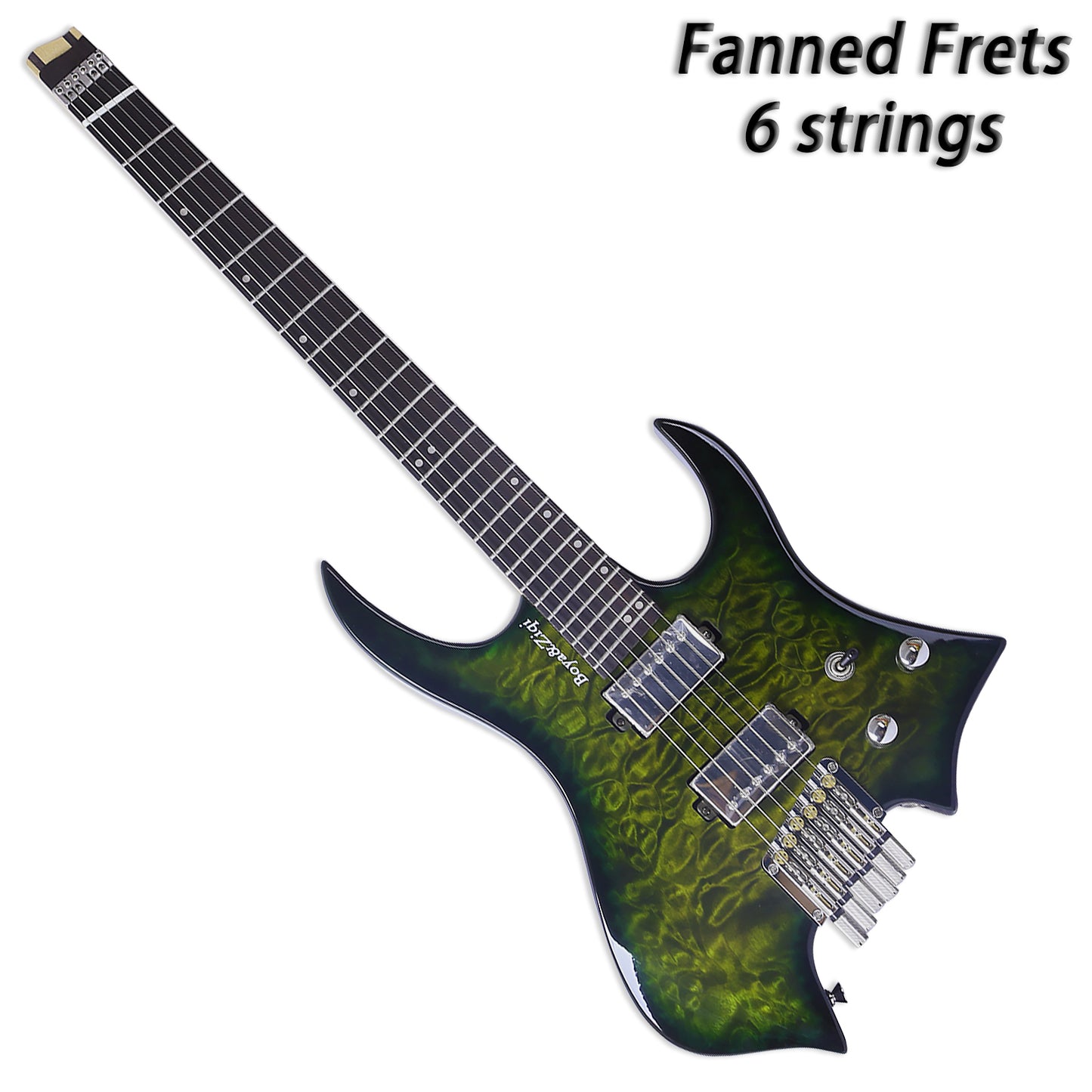 Boya&Ziqi Headless Electric Guitar LIZARD-6,FANNED FRETS, Independently Adjustable Bridge,Split coil control,5-Piece Maple/Streaked Ebony Neck