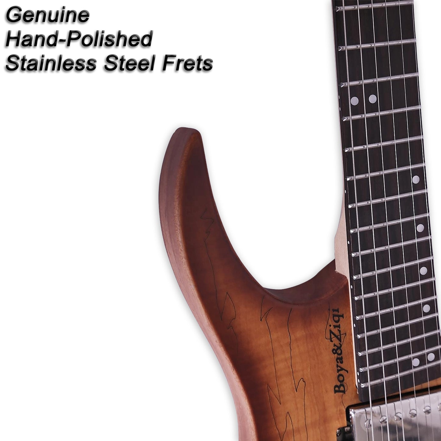 Boya&Ziqi Headless Electric Guitar LIZARD-6,FANNED FRETS, Independently Adjustable Bridge,Split coil control,5-Piece Maple/Streaked Ebony Neck
