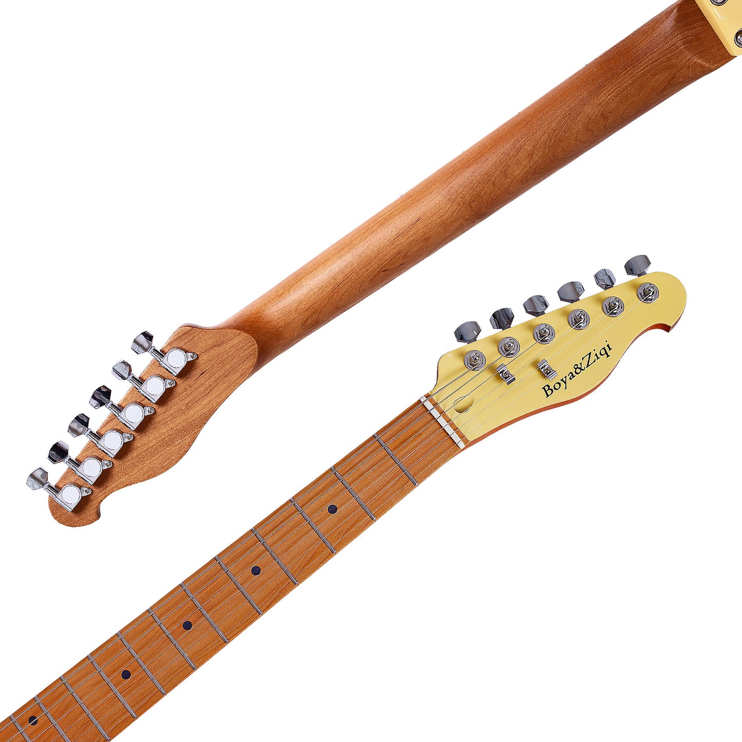 Boya&Ziqi BZT-098 Classic Solid Body Electric Guitar, 22 Stainless Steel Frets (Hand Polished), Alder Body, Roasted Maple Neck, Deluxe Switch and Jack, Vintage Light Yellow